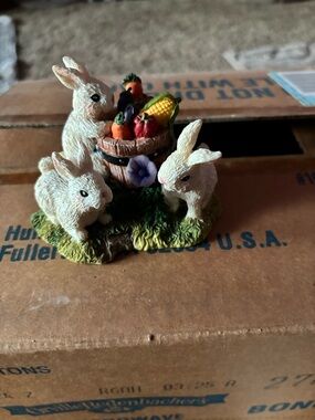 White Bunny Trio Figurine with Vegetable Basket - Decorative Easter Accent